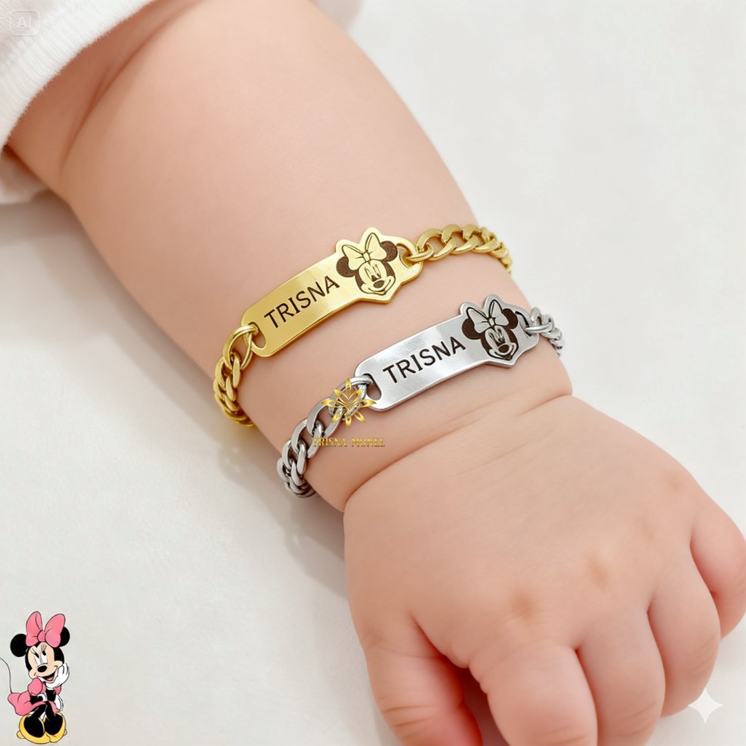 GELANG CUSTOM NAMA ANAK KARAKTER MOTIF MINNIE MOUSE GOLD DAN SILVER MURAH
