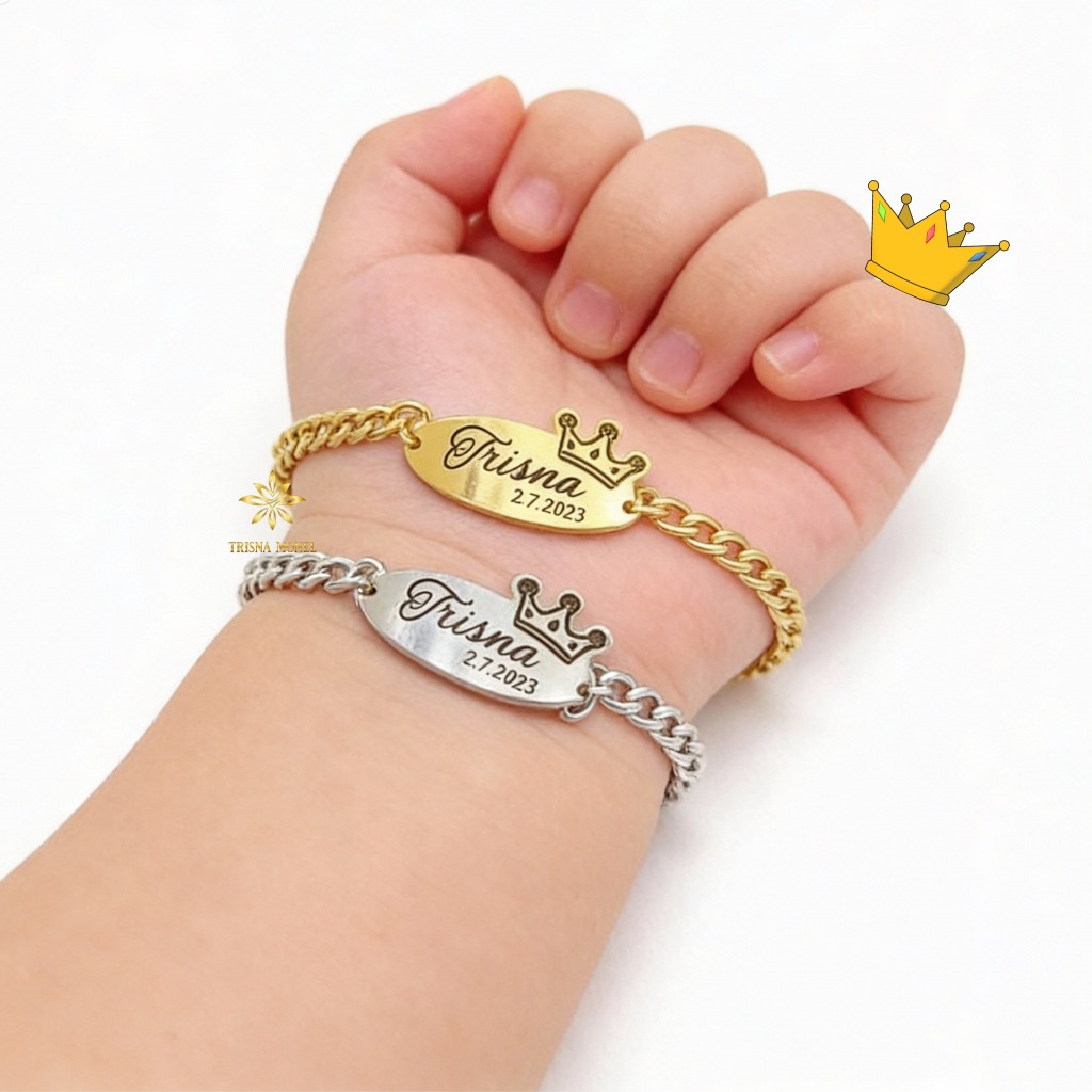 GELANG CUSTOM NAMA DAN TANGGAL LAHIR ANAK MOTIF MAHKOTA GOLD DAN SILVER MURAH