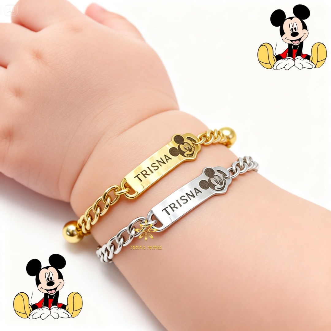 Gelang Custom Nama Anak Karakter Motif Mickey Mouse Gold Dan Silver Murah