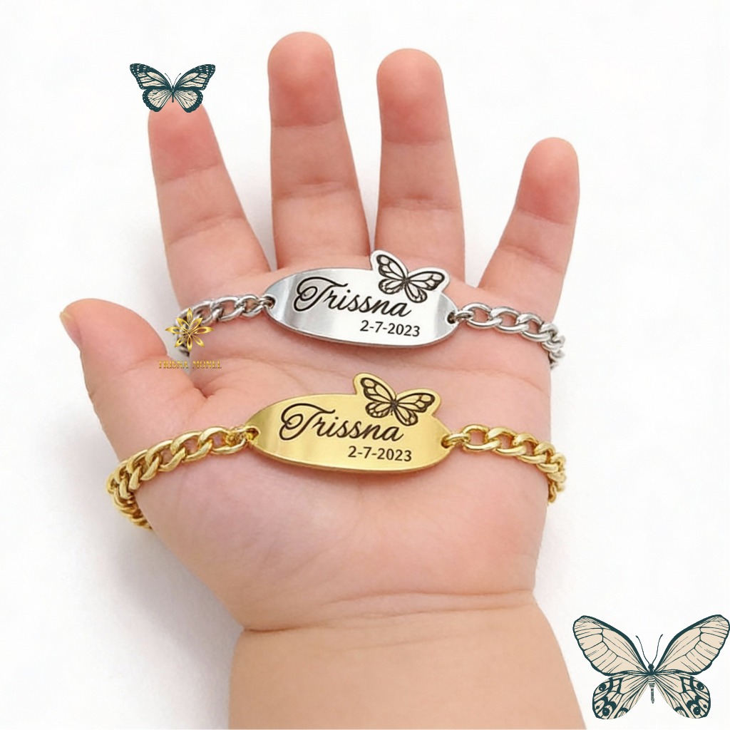 GELANG CUSTOM NAMA DAN TANGGAL LAHIR ANAK MOTIF KUPU - KUPU GOLD DAN SILVER MURAH