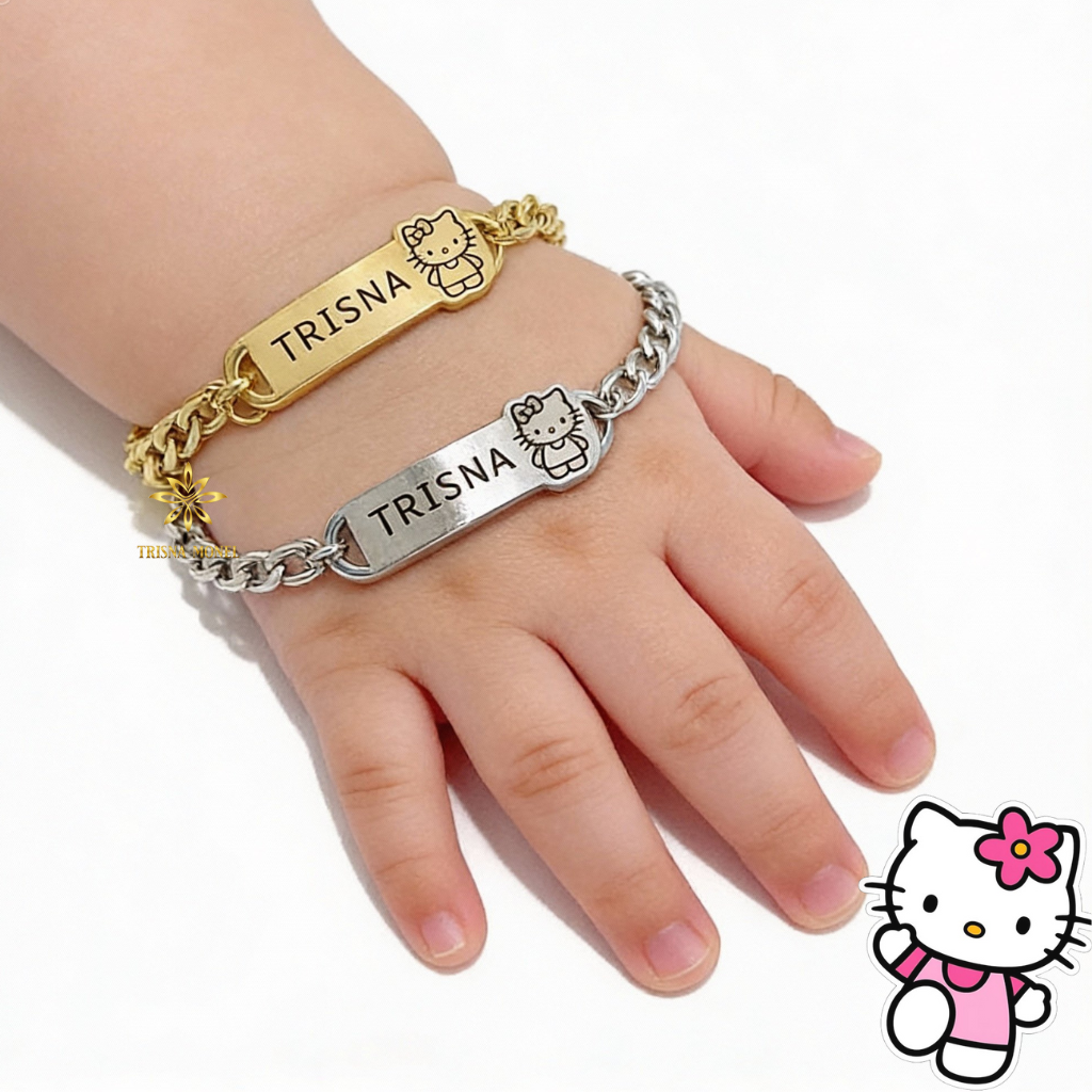 Gelang Custom Nama Anak Karakter Motif Hello Kitty Gold Dan Silver Murah