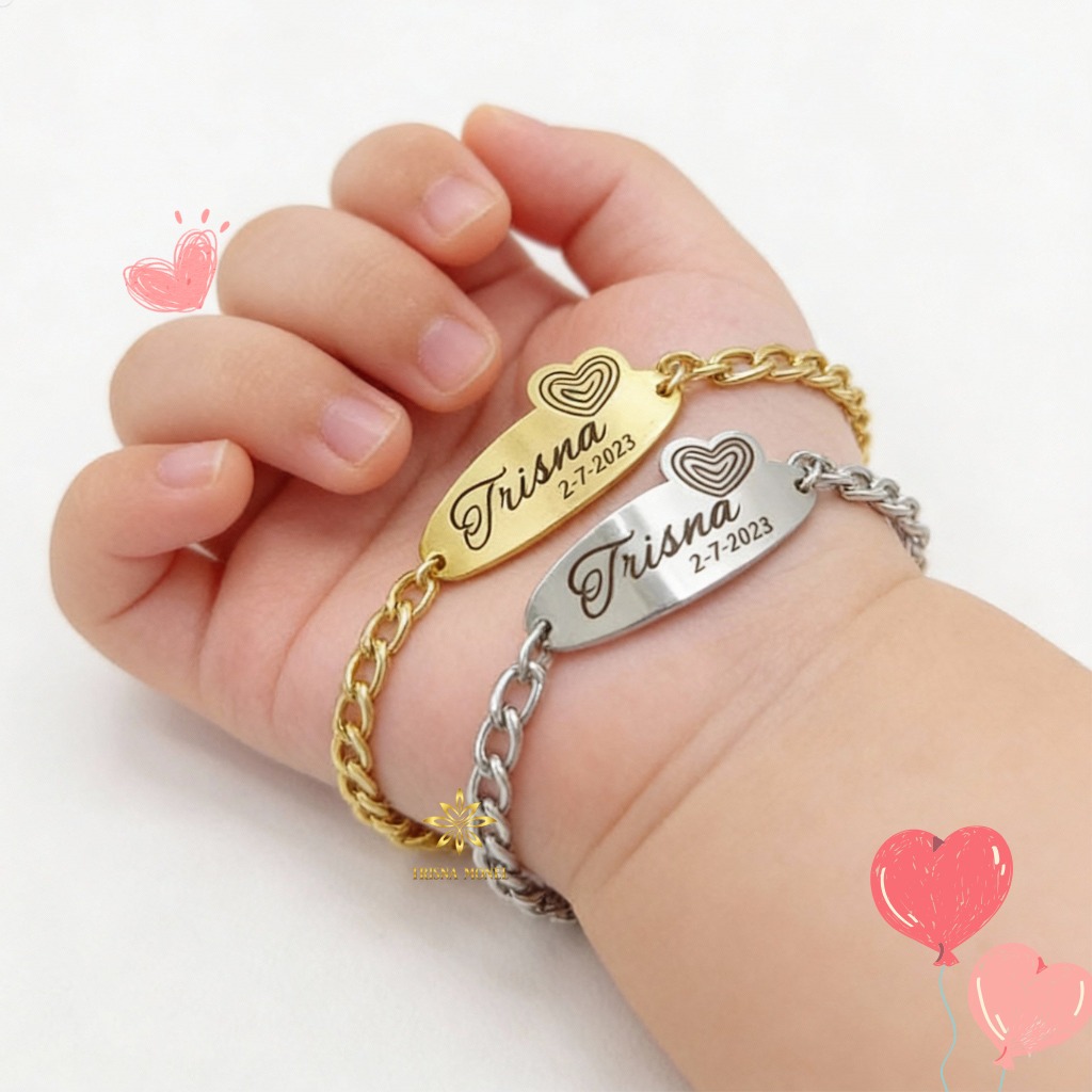 GELANG CUSTOM NAMA DAN TANGGAL LAHIR ANAK MOTIF LOVE GOLD DAN SILVER MURAH