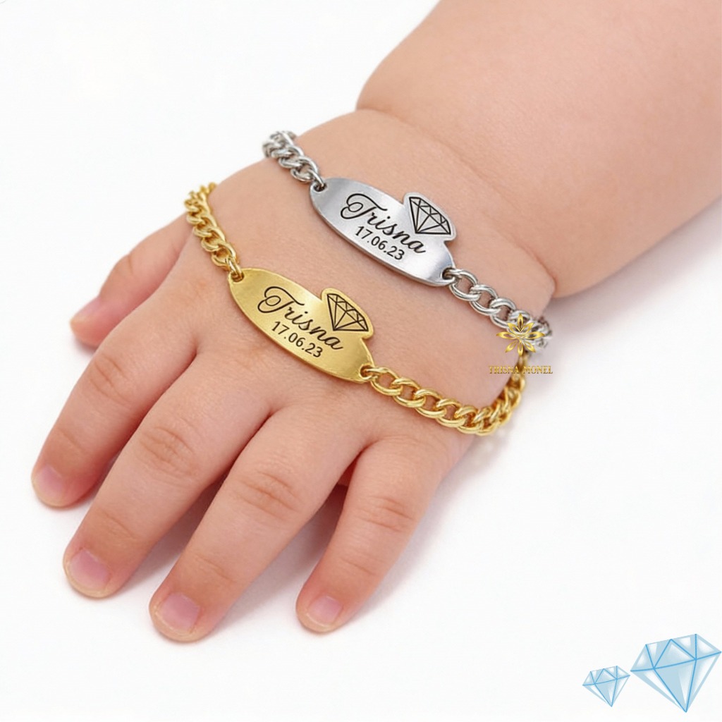 GELANG CUSTOM NAMA DAN TANGGAL LAHIR ANAK MOTIF PERMATA GOLD DAN SILVER MURAH
