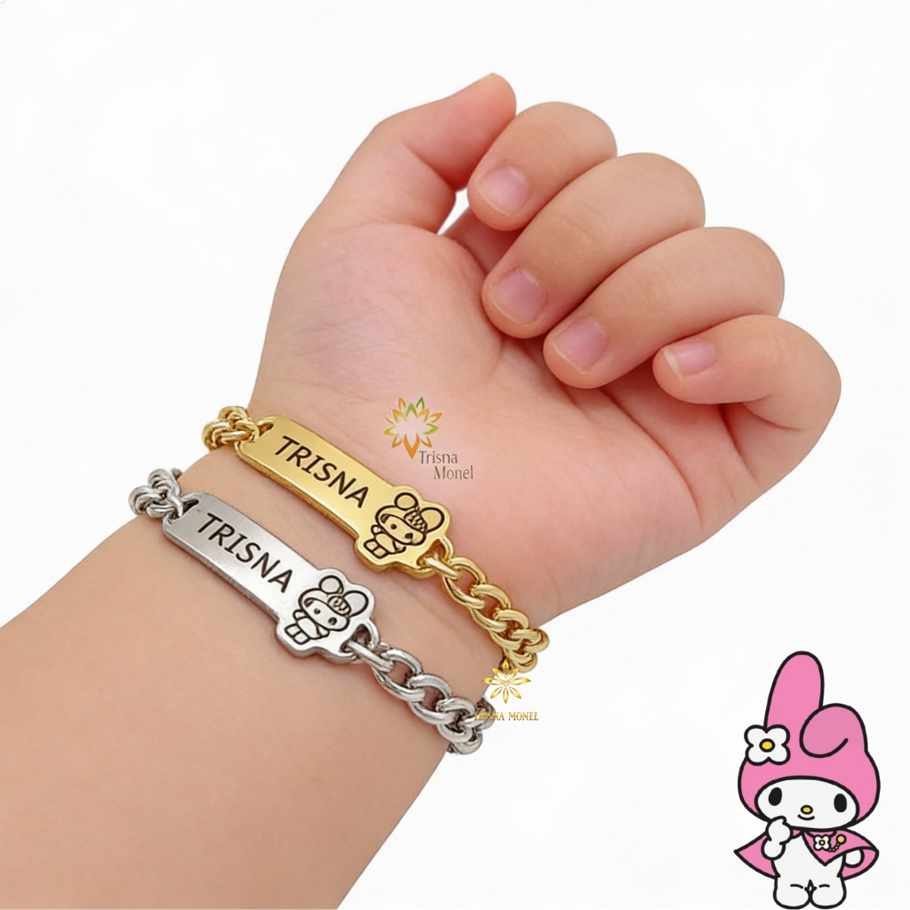 GELANG CUSTOM NAMA ANAK KARAKTER MOTIF MELODY SERIES GOLD DAN SILVER MURAH