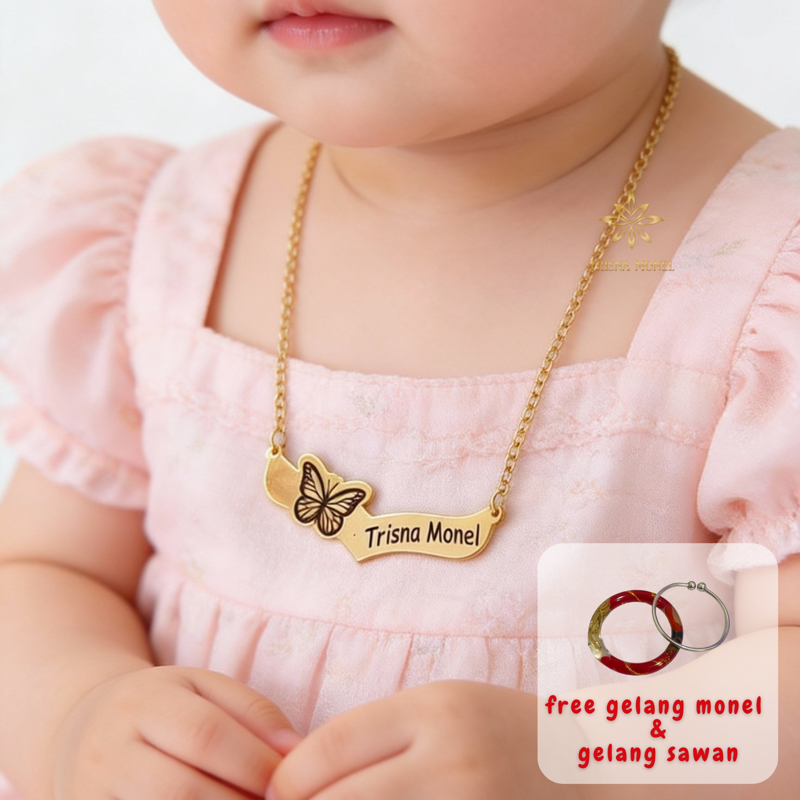 GRATIS GELANG MONEL & GELANG SAWAN !!! Kalung custom nama gold dan silver motif Kupu-Kupu