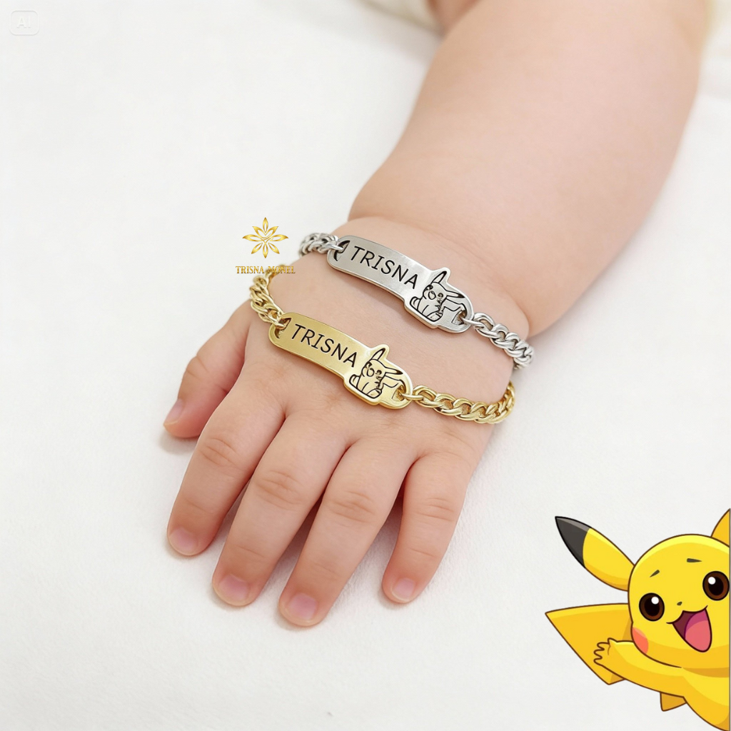 GELANG CUSTOM NAMA ANAK KARAKTER MOTIF PIKACHU KEKINIAN GOLD DAN SILVER MURAH