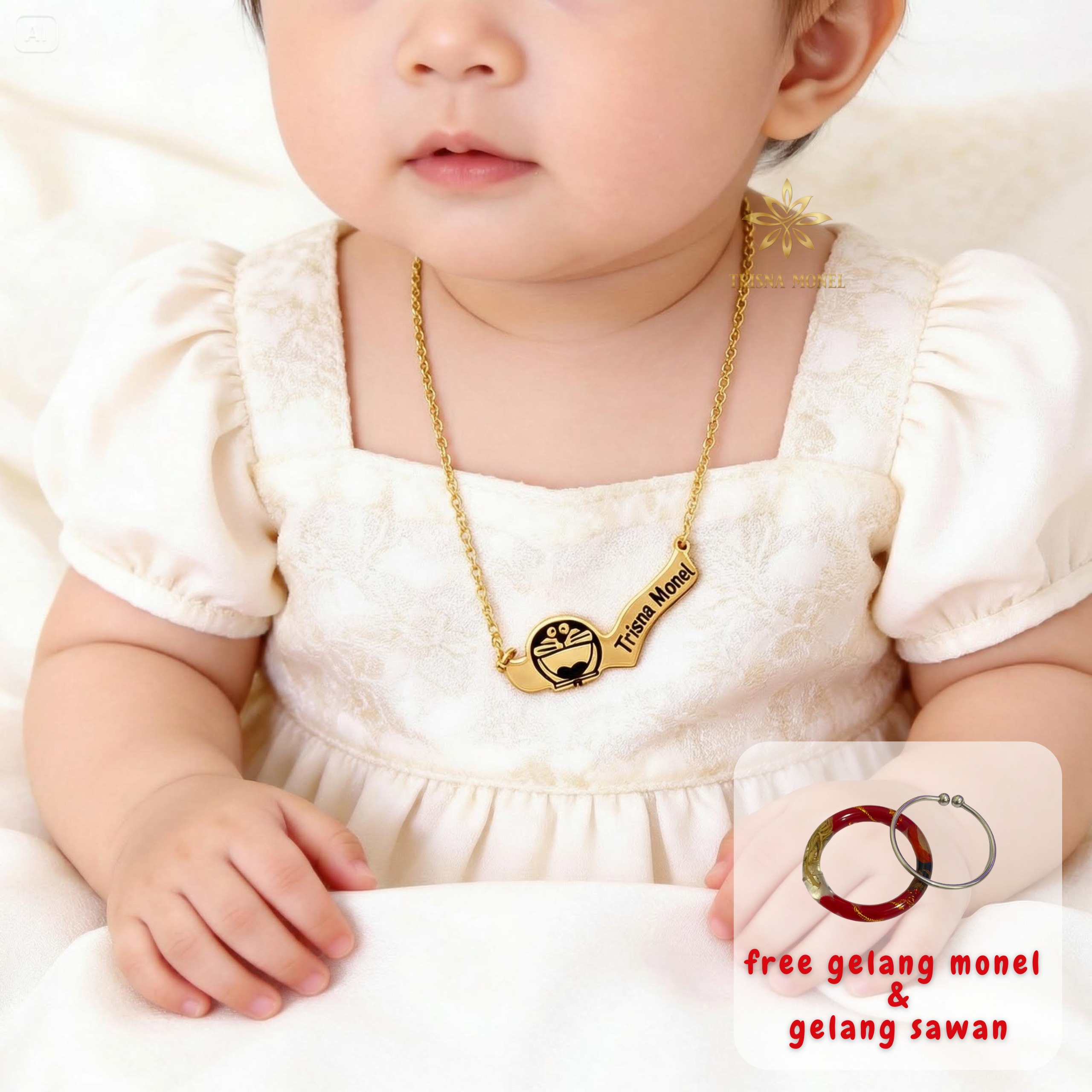GRATIS GELANG MONEL & GELANG SAWAN !!! Kalung custom nama gold dan silver motif Doraemon