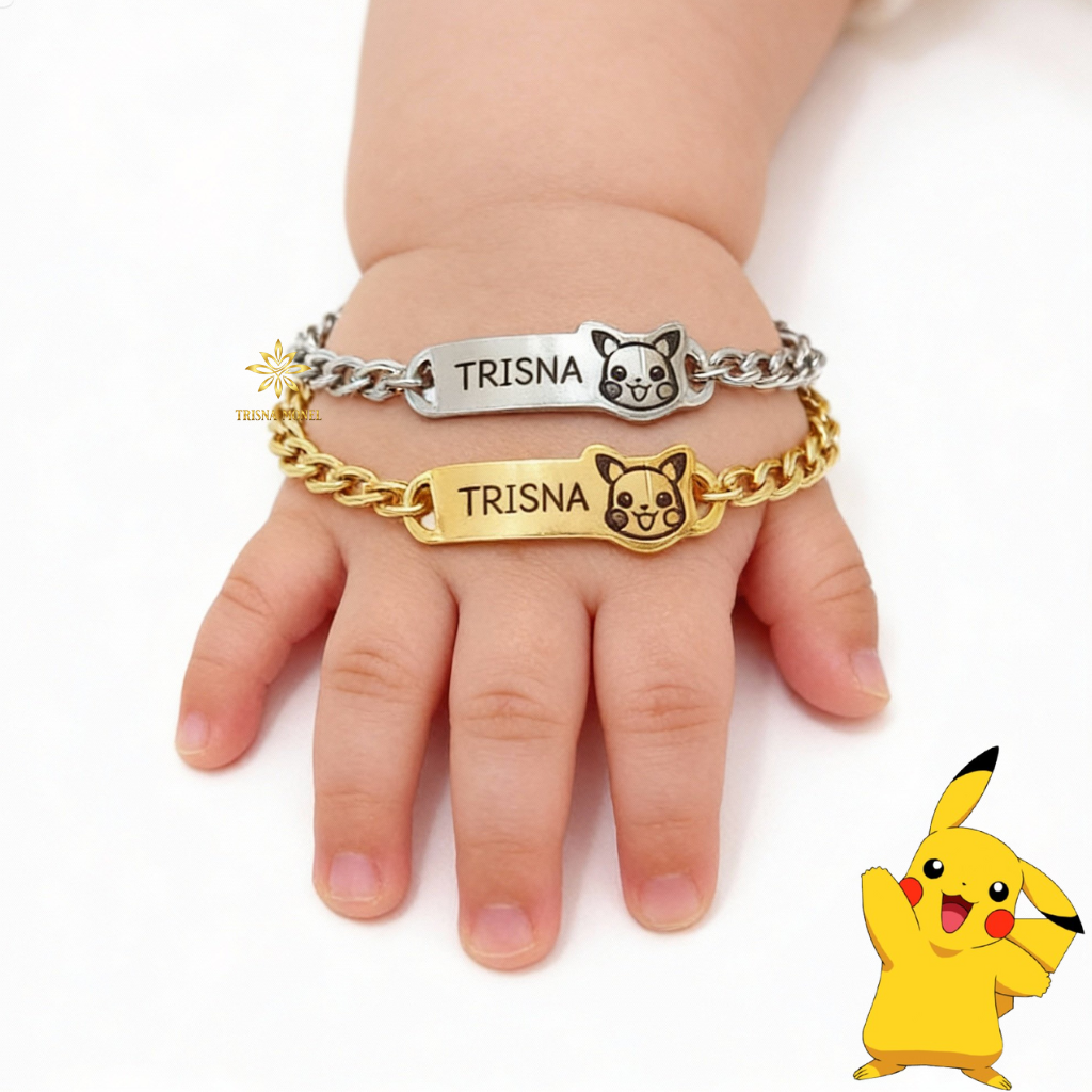 GELANG CUSTOM NAMA ANAK KARAKTER MOTIF PIKACHU GOLD DAN SILVER MURAH