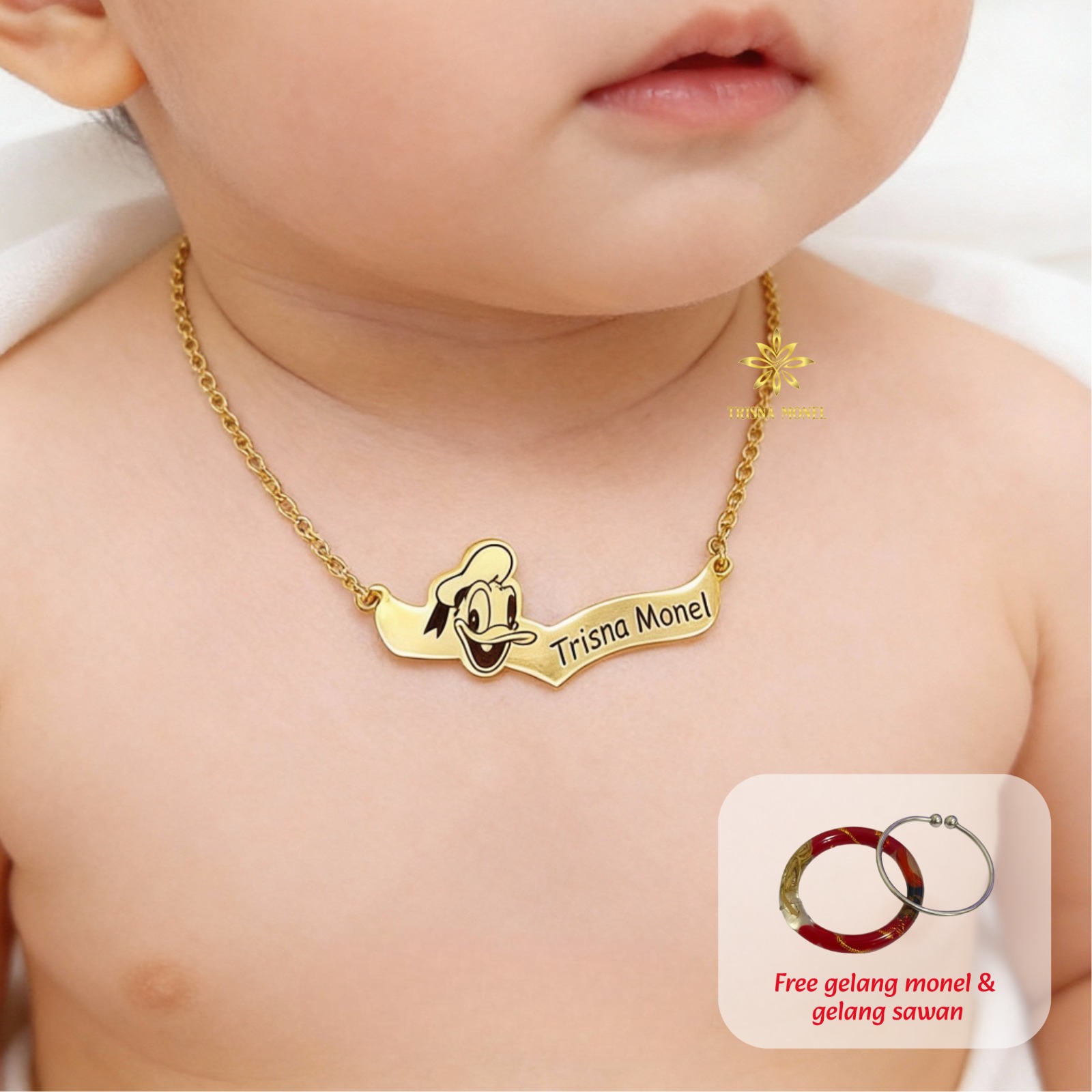 GRATIS GELANG MONEL & GELANG SAWAN !!! Kalung custom nama gold dan silver motif Donald Duck