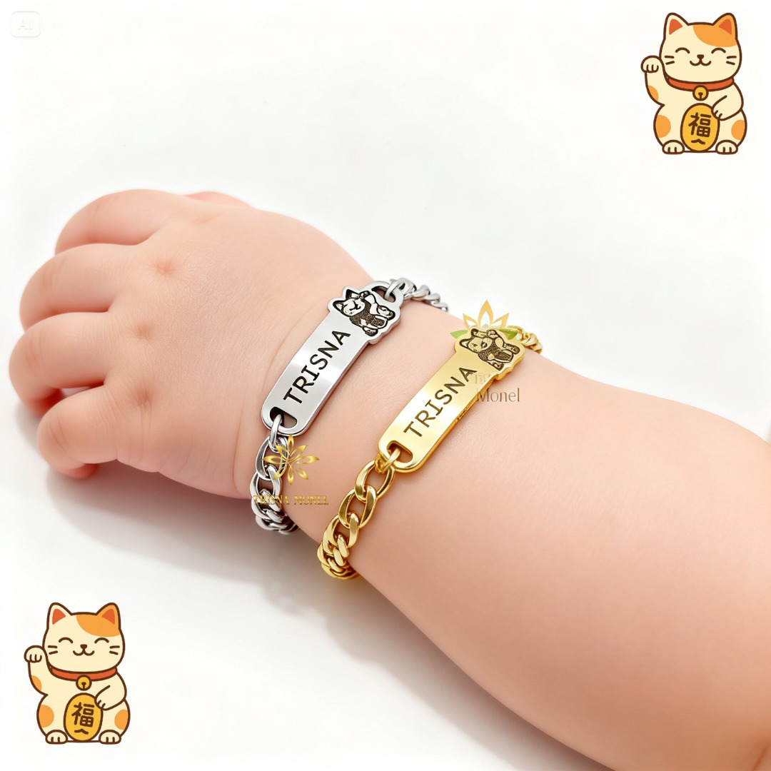 GELANG CUSTOM NAMA ANAK KARAKTER MOTIF KUCING GOLD DAN SILVER MURAH