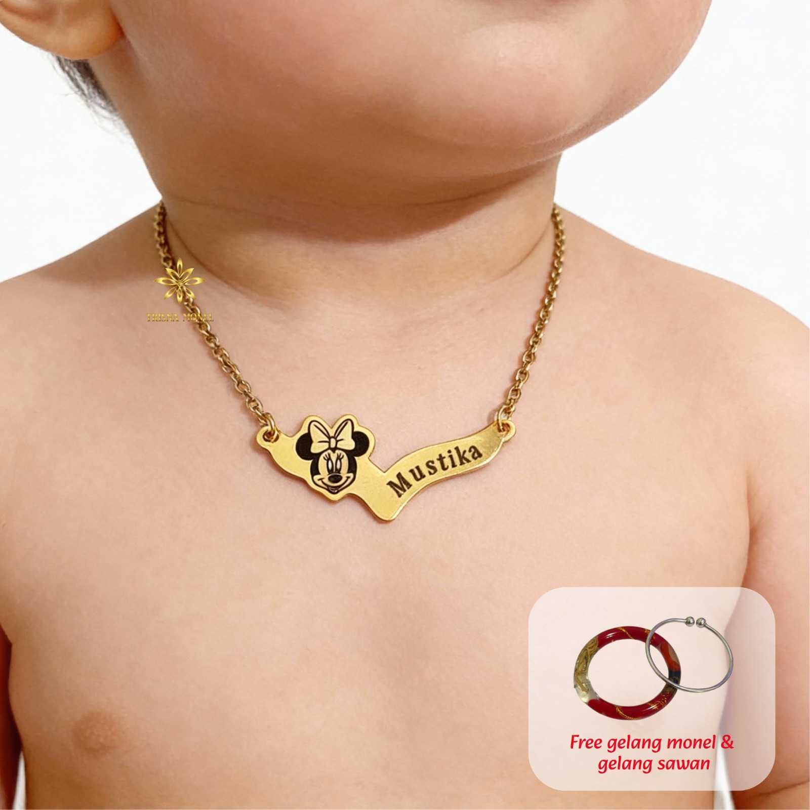 GRATIS GELANG MONEL & GELANG SAWAN !!! Kalung custom nama gold dan silver motif Minnie mouse
