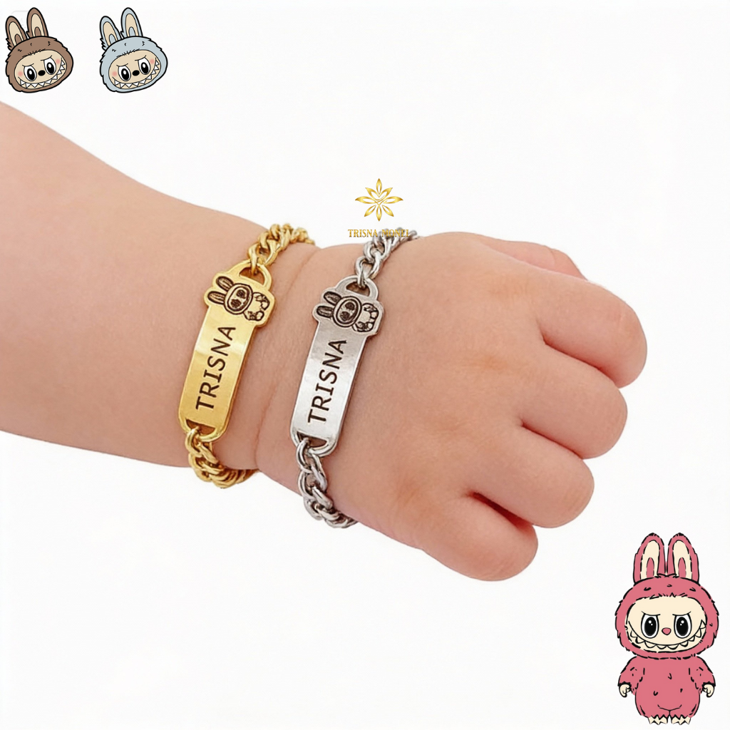 Gelang Custom Nama Anak Karakter Motif Labubu Gold dan Silver Murah
