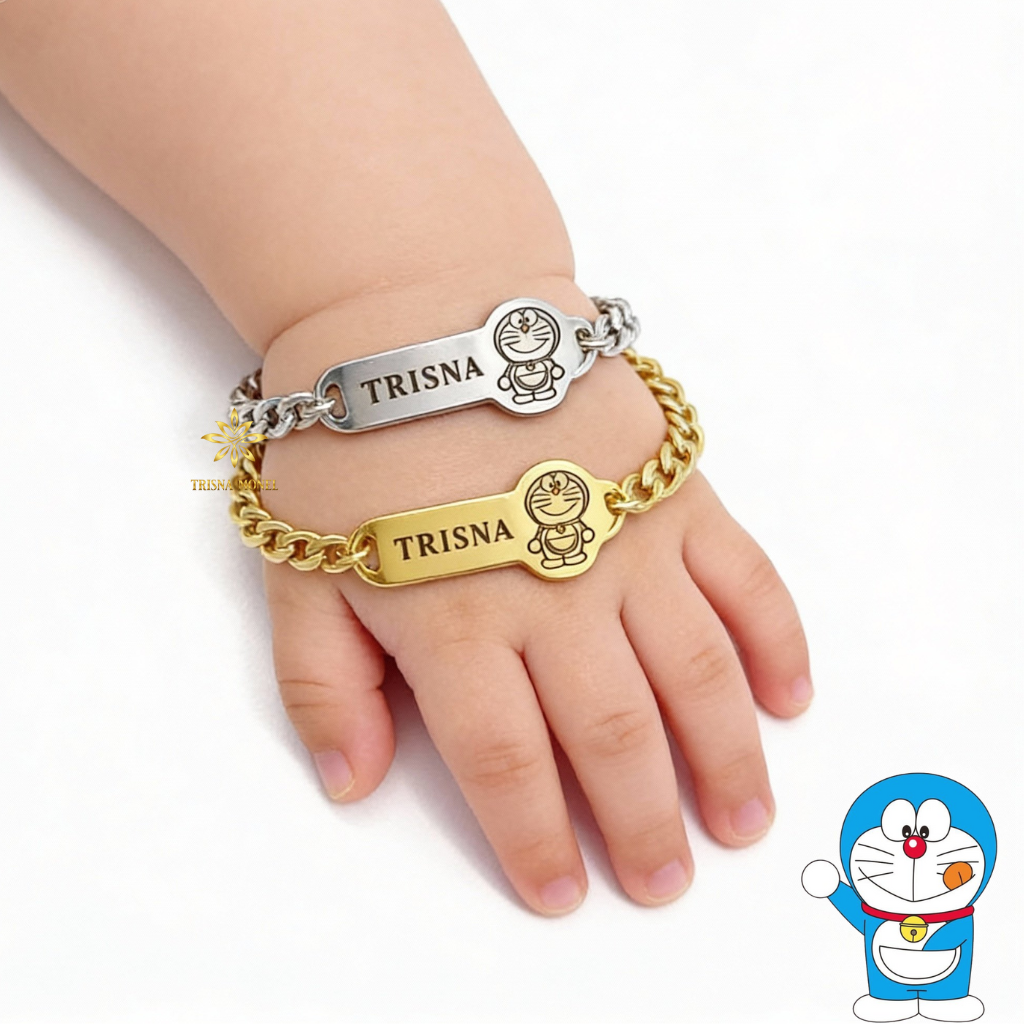 GELANG NAMA CUSTOM ANAK MOTIF DORAEMON GOLD DAN SILVER MURAH