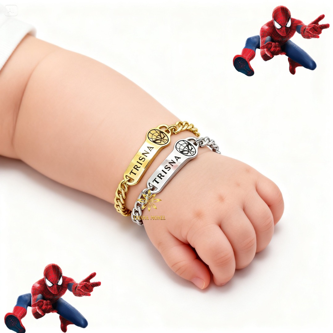 GELANG NAMA CUSTOM ANAK MOTIF SPIDERMAN GOLD DAN SILVER MURAH