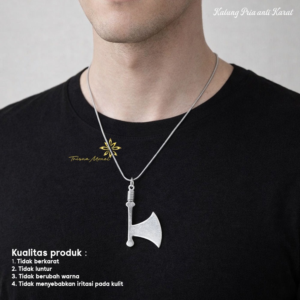 KALUNG PRIA LIONTIN BAHAN MONEL MOTIF KAPAK LILIT ANTI KARAT