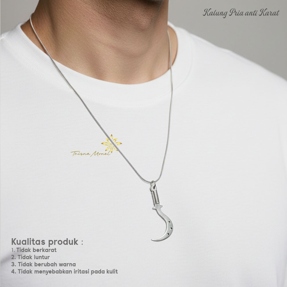 KALUNG PRIA LIONTIN BAHAN MONEL MOTIF SABIT LUBANG LILIT ANTI KARAT