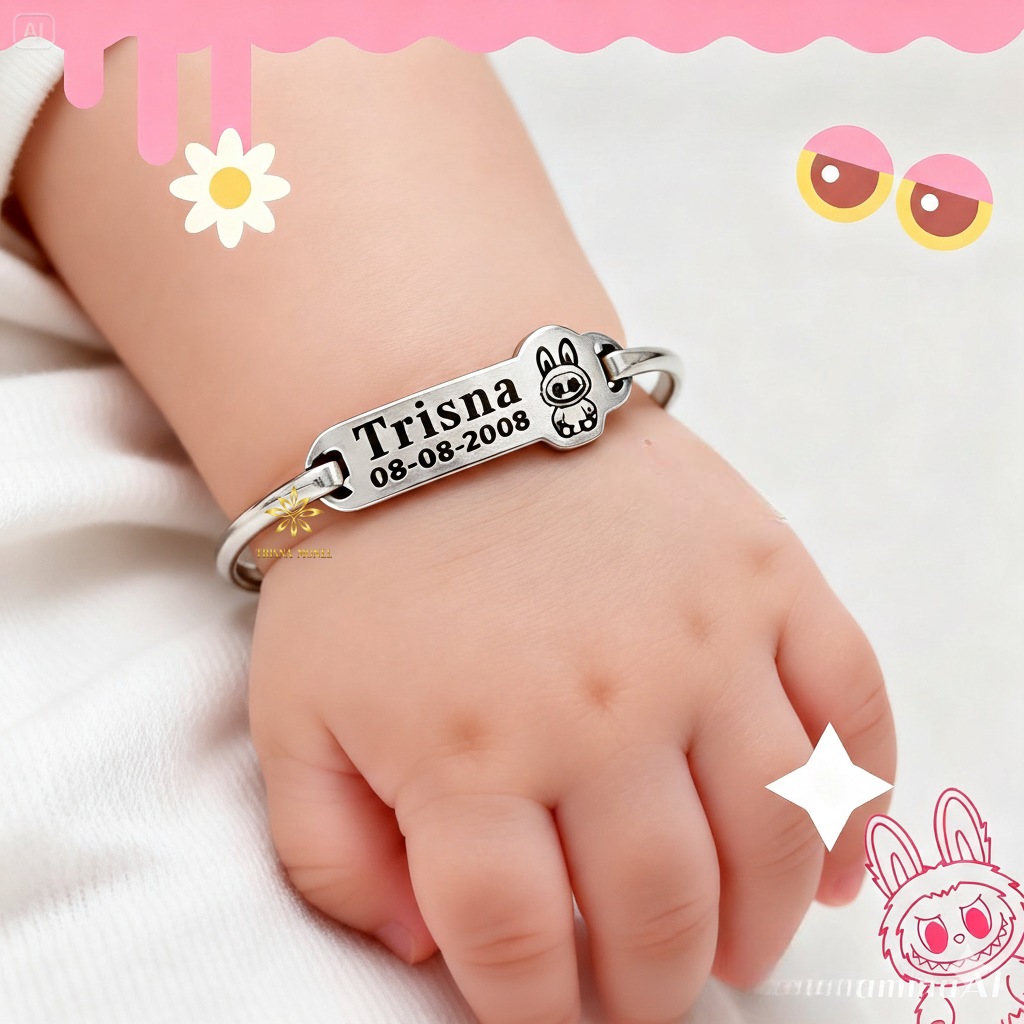 Adjustable free gelang monel !!! gelang karakter ukir nama size anak sampai dewasa motif Labubu