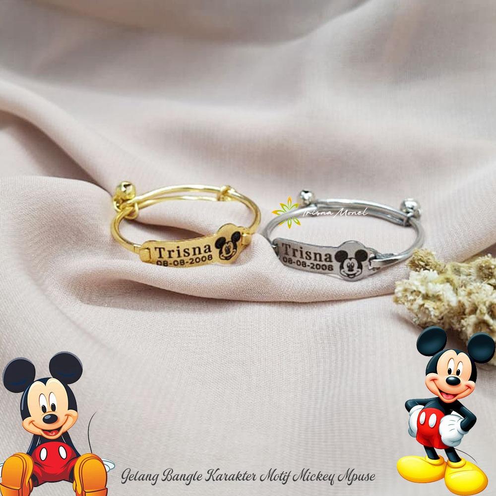 Adjustable free gelang monel !!! gelang karakter ukir nama size anak sampai dewasa motif Mickey Mouse