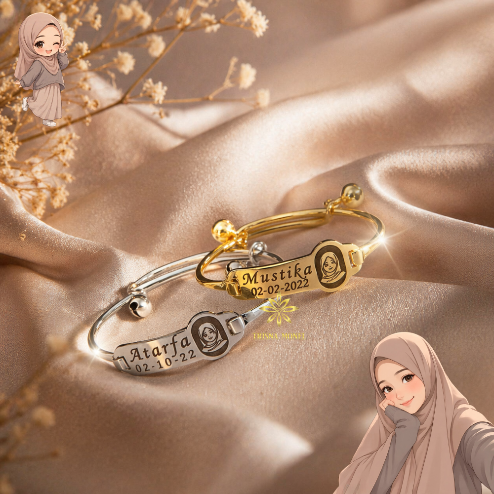 Adjustable free gelang monel !!! gelang karakter ukir nama size anak sampai dewasa motif Kartun Muslimah